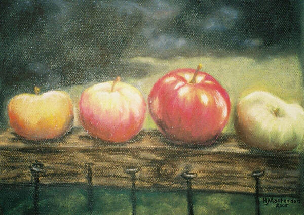 Fruit Art Print featuring the painting Apples on a Rail by Harriett Masterson