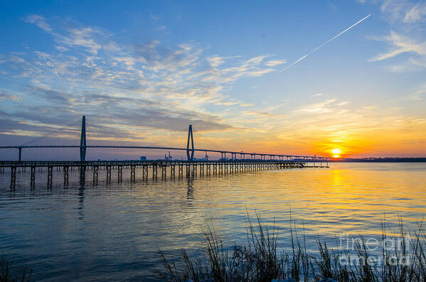 Arthur Ravenel Bridge At Sunset Art Print featuring the photograph Calm Waters over Charleston SC by Dale Powell