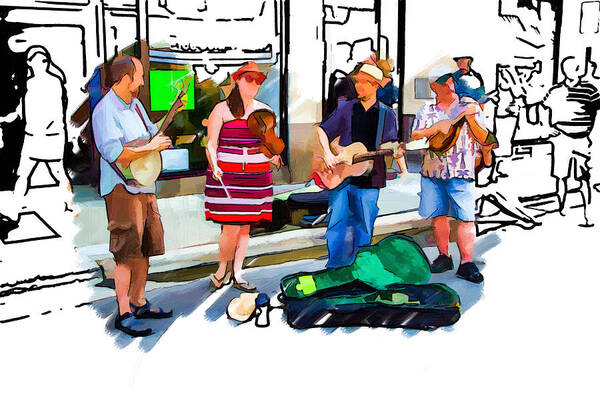 Buskers Art Print featuring the mixed media Asheville Buskers by John Haldane