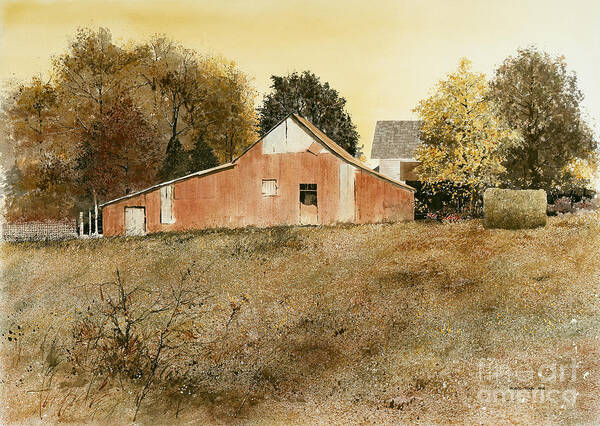 A Rustic Barn Stands At The Edge Of A Brittle Brown Field Of Autumn Grasses. It Is A Sunshine Filled Day On This Old Farm Northeast Of Little Rock Art Print featuring the painting Autumn Glow by Monte Toon