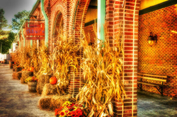 Autumn In Georgia. Pumpkins. Hay Bales. Corn Stalks. Mums. Red And Yellow Fall Flowers. Fall Landscape. Brick Architecture. Bench. Porch Lights. Sidewalks. Photography. Hdr. Prints. Canvas. Texture. Poster. Digital Art. Fine Art. Greeting Card. Thanksgiving Greeting Card. Nature. Fall Scene. Art Print featuring the photograph Autumn in Georgia by Mary Timman