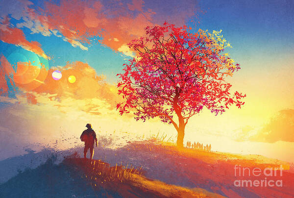 Love Art Print featuring the digital art Autumn Landscape With Alone Tree by Tithi Luadthong