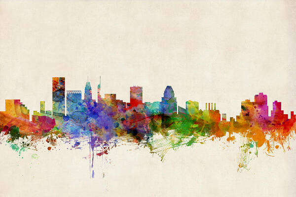 Watercolour Art Print featuring the digital art Baltimore Maryland Skyline by Michael Tompsett