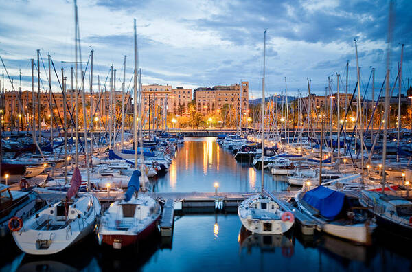 Tranquility Art Print featuring the photograph Barcelona Harbor at Dusk by Nikada