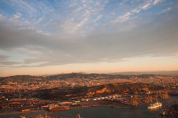 Barcelona Art Print featuring the photograph Barcelona on Sunrise. Aerial View by Jenny Rainbow