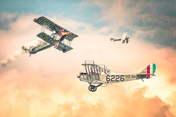 Biplanes Art Print featuring the photograph Barnstormers in The Golden Age of Flight - Replica Fokker D Vll - Spad 7 - Curtiss Jenny JN-4H by Gary Heller