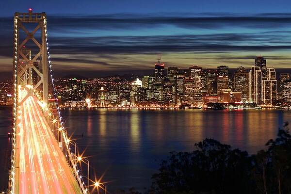 San Francisco Art Print featuring the photograph Bay Bridge And Embarcadero. Blue Hour by Chris Hornstra Photography