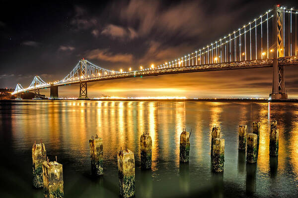 Bay Area Art Print featuring the photograph Bay Lights and Decaying Pylons by Joel Thai