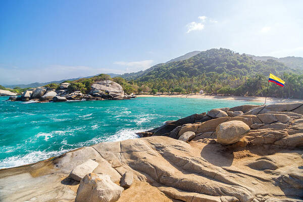 Tayrona Art Print featuring the photograph Beach and Colombian Flag by Jess Kraft