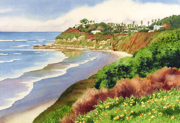 Encinitas Art Print featuring the painting Beach at Swami's Encinitas by Mary Helmreich