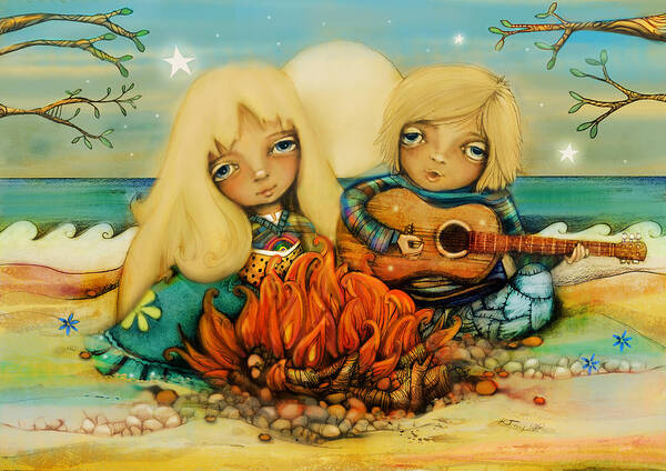 Beach Campfire Art Print featuring the digital art Beach Campfire by Karin Taylor