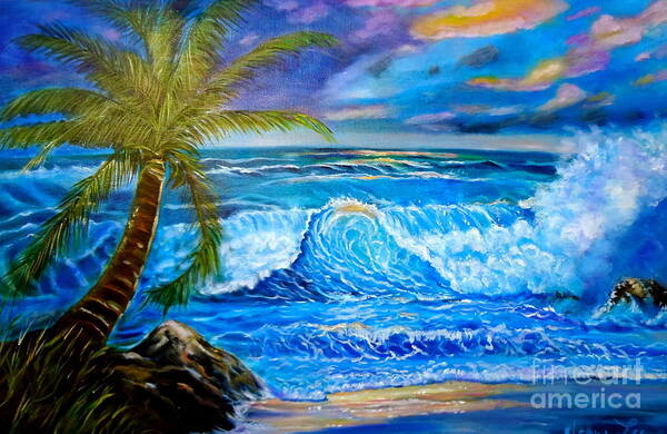 Beach Art Print featuring the painting Beach Sunset in Hawaii by Jenny Lee