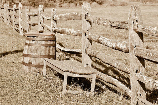 Bench Art Print featuring the mixed media Bench and Barrel by Trish Tritz