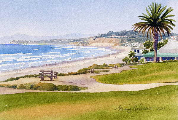 Pacific Art Print featuring the painting Bench at Powerhouse Beach Del Mar by Mary Helmreich