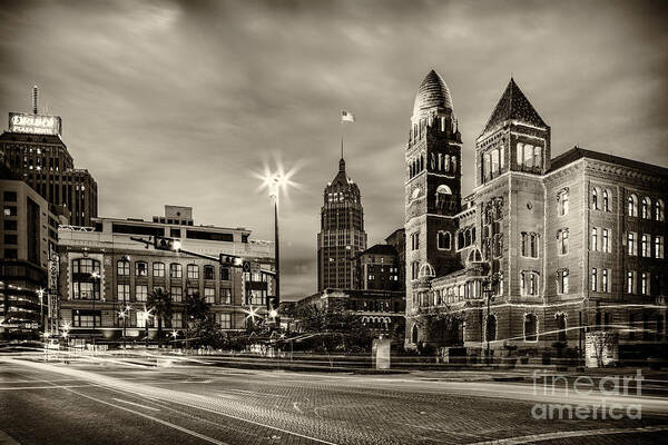 San Art Print featuring the photograph Bexar County Courthouse and Tower Life Building Main Plaza in BW Monochrome - San Antonio Texas by Silvio Ligutti