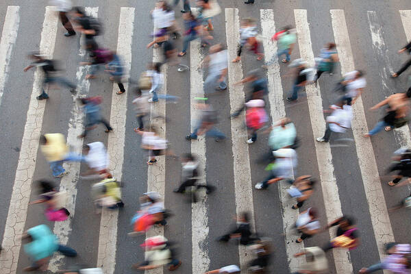 Scenics Art Print featuring the photograph Birds Eye View Of Blurred Busy Crosswalk by Brasil2