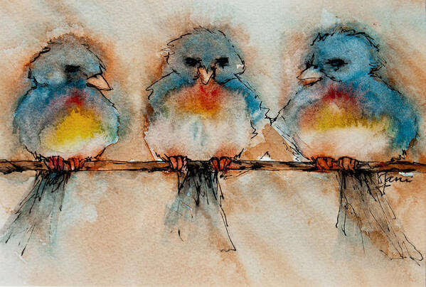 Bluebirds Art Print featuring the painting Birds Of A Feather by Jani Freimann