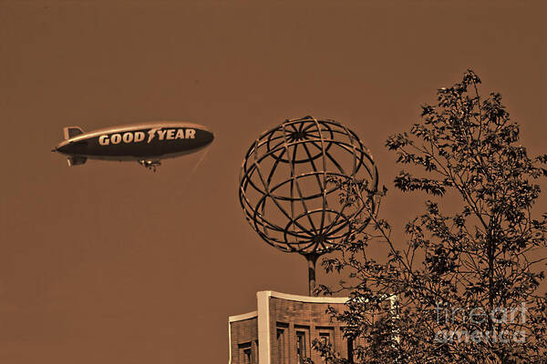 Sepia Art Print featuring the photograph Blimp over USC by Tommy Anderson