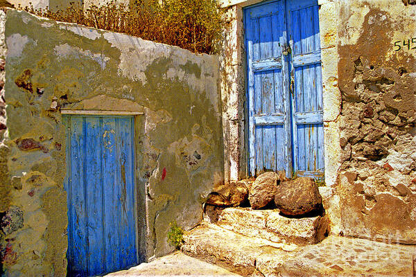 Greece Art Print featuring the photograph Blue Doors Of Santorini by Madeline Ellis