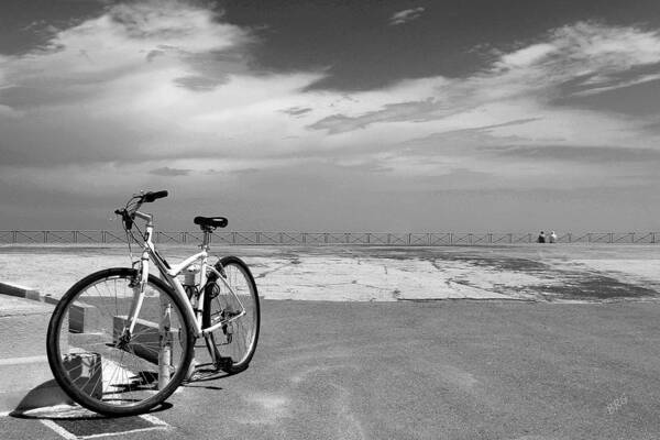 Bicycle Art Print featuring the photograph Boardwalk View With Bike In Antibes France Black And White by Ben and Raisa Gertsberg