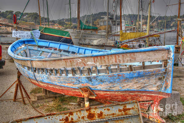 French; France; River; Rowing; Boat; Ancient; Old; Delapidated; Decaying; Rotting; Toulon; Paca; Provence; Var; Mediterranean; For Sale; Av; A Vendre Art Print featuring the photograph Boat for sale by Rod Jones