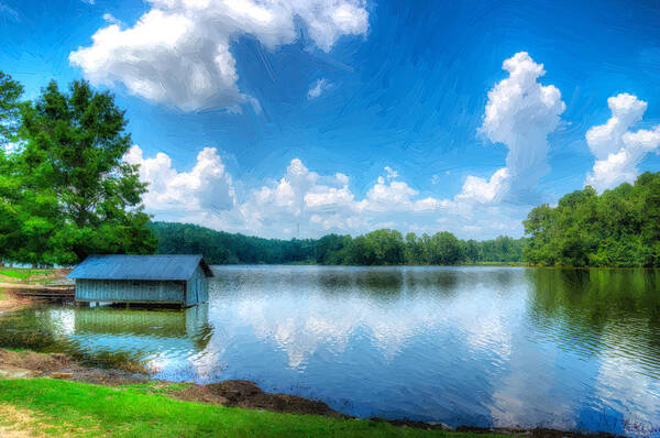 Lake Art Print featuring the photograph Boat House by Don Schiffner
