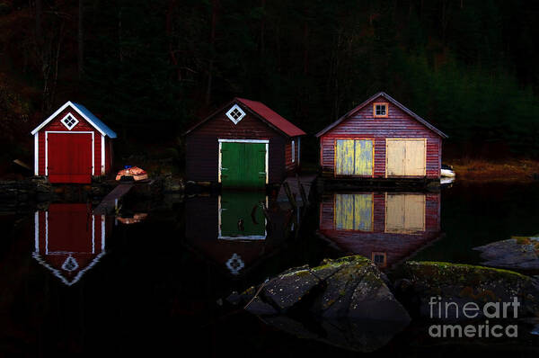 Boathouse Art Print featuring the photograph Boathouses in the evening by Gry Thunes