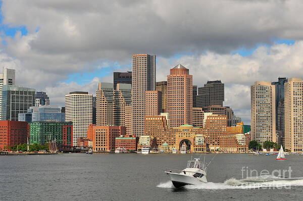 Boston Harbor Summer New England Massachusetts Beantown Nautical Speedboats Fishing Swimming Fun Family Vacation Skyscrappers Water Bay Waterfront Pier Piers Docks Dock Docked Busy Clouds Cloudy City Capital Urban Hub Art Print featuring the photograph Boston Harbor by Catherine Reusch Daley