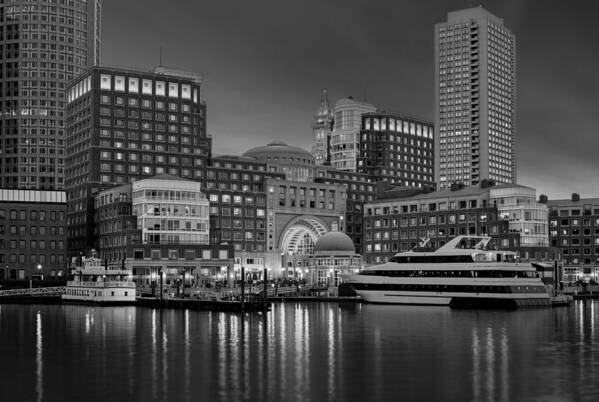 Boston Art Print featuring the photograph Boston Harbor Skyline and Financial District BW by Susan Candelario