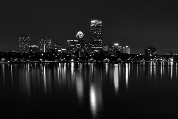 Boston Art Print featuring the photograph Boston Skyline by Night - Black and White by Jatin Thakkar