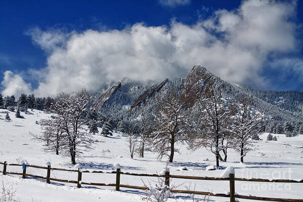 Flatirons Art Print featuring the photograph Boulder Colorado Flatirons Snowy Landscape View by James BO Insogna