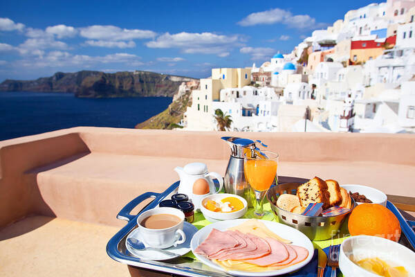 Santorini Art Print featuring the photograph Breakfast at terrace by Aiolos Greek Collections