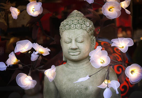 Buddha Art Print featuring the photograph Buddha WithFlowers by Jessica Levant