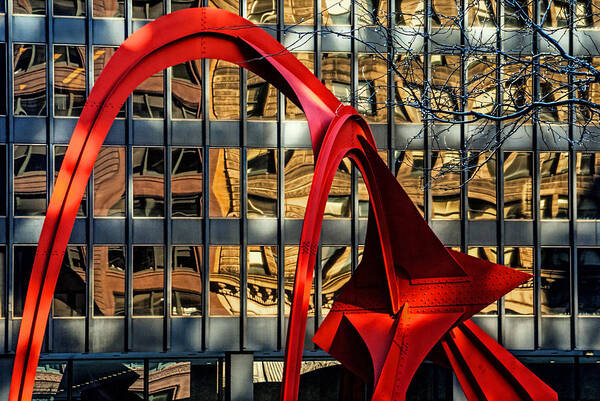 Building Art Print featuring the photograph Calder Sculpture called the Flamingo in Downtown Chicago by Randall Nyhof