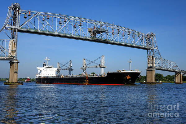 Freight Art Print featuring the photograph Cargo Ship under Bridge by Olivier Le Queinec