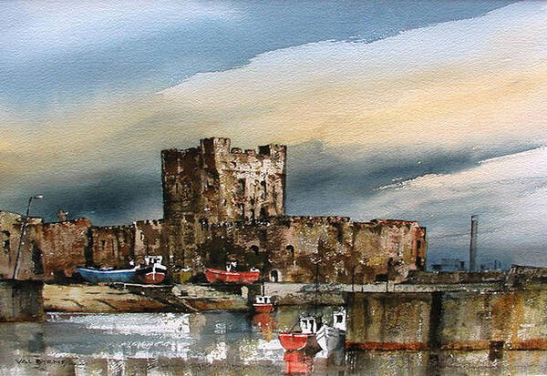 Val Byrne Art Print featuring the painting Carrickfergus Castle County Antrim by Val Byrne