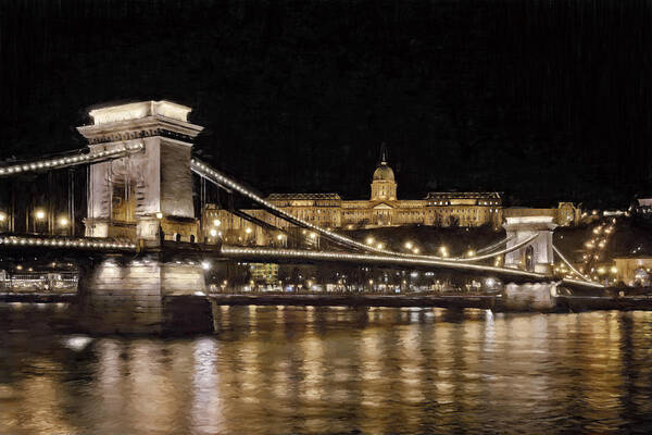 Joan Carroll Art Print featuring the photograph Chain Bridge And Buda Castle Winter Night Painterly by Joan Carroll