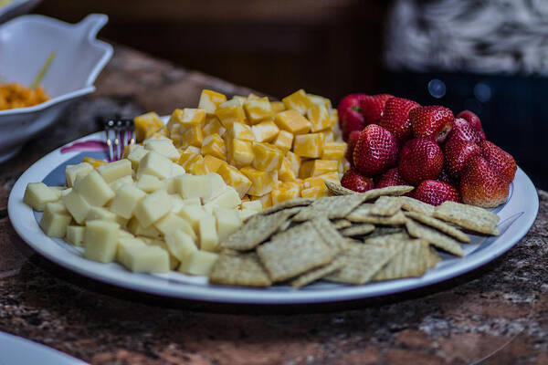 Cheese Art Print featuring the photograph Cheese and Strawberries by Stephen Brown