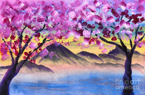 Cherry Blossoms Art Print featuring the painting Cherry Blossom Trees by the Lake at Dusk by Beverly Claire Kaiya