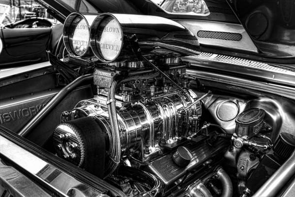 Chevy Blower Motor Art Print featuring the photograph Chevy Supercharger Motor Black and White by Jonathan Davison