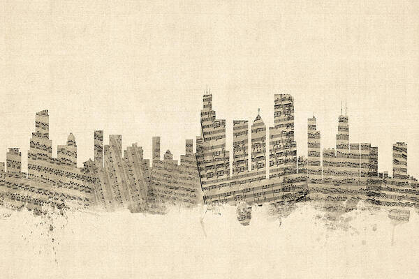 Chicago Art Print featuring the digital art Chicago Illinois Skyline Sheet Music Cityscape by Michael Tompsett