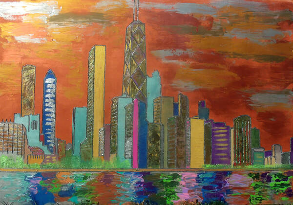 Chicago Art Print featuring the painting Chicago Metallic Skyline by Char Swift