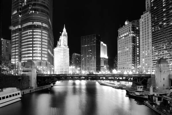 River Art Print featuring the photograph Chicago River Bridge Skyline Black White by Patrick Malon