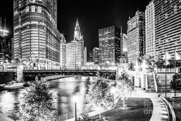 America Art Print featuring the photograph Chicago River Buildings at Night in Black and White by Paul Velgos