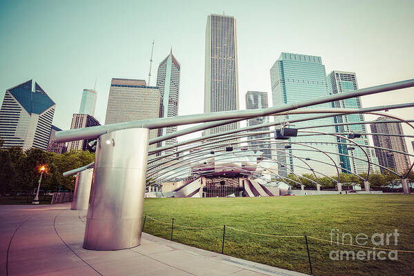 America Art Print featuring the photograph Chicago Skyline with Pritzker Pavilion Vintage Picture by Paul Velgos