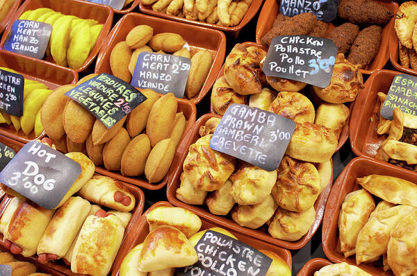 Baked Pastry Item Art Print featuring the photograph Choice Of Pastries For Sale In Boqueria by Howard Bartrop