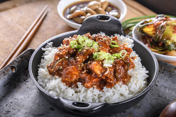 Korean Food Art Print featuring the photograph Chopped Pork Meat Cooked with Red Chili Paste, Gochujang Sauce, over Rice by 4kodiak