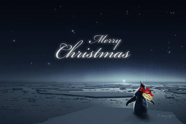 Happy Christmas Art Print featuring the digital art Christmas Card - Penguin black by FireFlux Studios