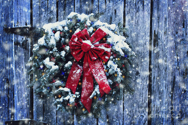 Christmas Art Print featuring the photograph Christmas Wreath in Snow Storm by Stephanie Frey