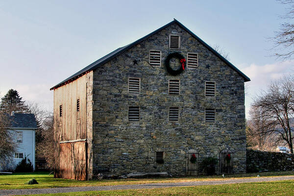Stone Art Print featuring the photograph Christmastime at the Probst Stone Barn by Gene Walls
